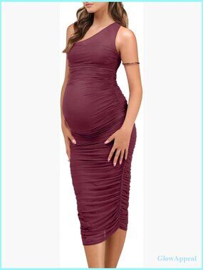 Maternity Mesh Ruched One-Shoulder Midi Formal Dress Wedding Guest Baby Shower